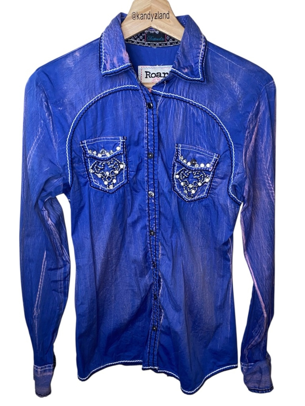 ROAR Ari ll Blue With Pink Hues Distressed Embroidered Embellished Shirt Rodeo